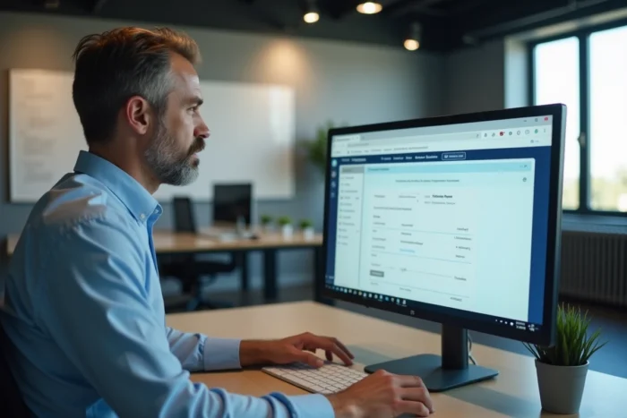 Homme accédant à son espace personnel Merci Victor sur un écran d'ordinateur en espace de coworking