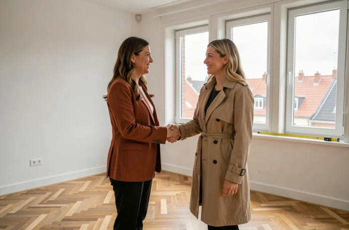 Deux femmes se serrant la main lors de la conclusion d'une transaction immobilière dans un appartement vide
