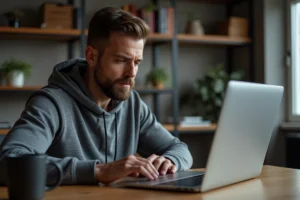 Un homme achète des pneus en ligne sur son ordinateur portable depuis son bureau à domicile