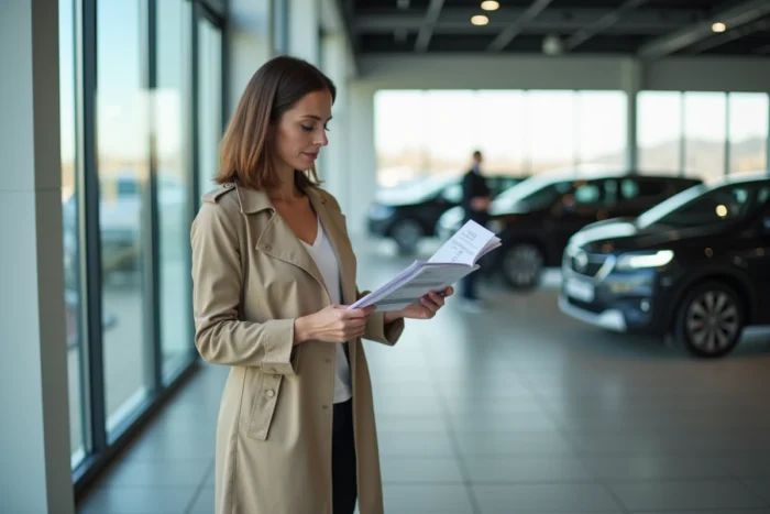 Femme consultant des brochures lors de l'achat d'une voiture dans une concession automobile belge moderne