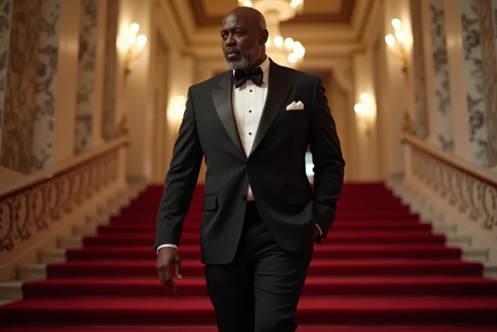 Acteur américain en smoking noir sur un tapis rouge lors d'une cérémonie de remise de prix évoquant le prestige et la carrière d'une star hollywoodienne
