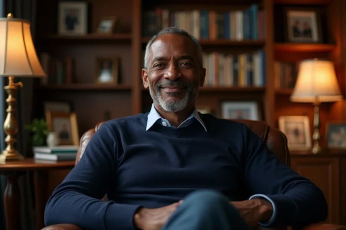 Acteur hollywoodien en tenue décontractée assis dans une bibliothèque privée illustrant la vie personnelle et l'intimité d'une célébrité américaine