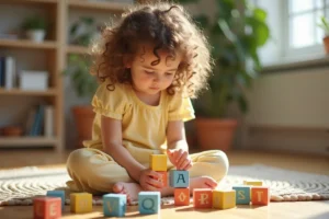 Petite fille concentrée en train de construire une tour avec des cubes en bois colorés sur un parquet chaleureux