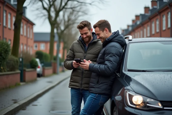 Deux amis consultant l'actualité automobile sur smartphone appuyés contre une voiture dans une rue belge