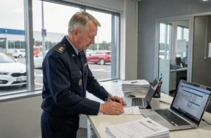 Agent des douanes vérifiant des documents d'importation de voiture depuis la Norvège dans un bureau administratif