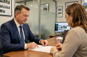 Agent immobilier expliquant les honoraires à la charge du vendeur lors de la signature d'un contrat de vente immobilière, loi Alur