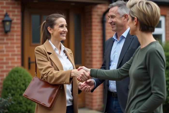 Agente immobilière spécialisée en vente urgente serrant la main de vendeurs devant leur maison