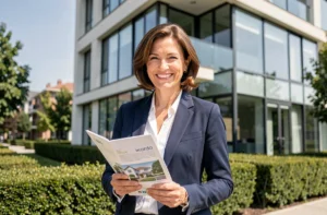 Agent immobilière professionnelle de CatherineImmo devant un immeuble résidentiel moderne