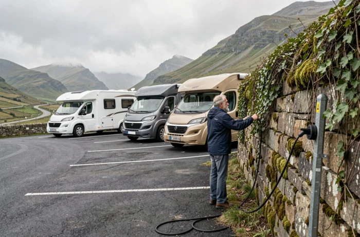 Rangée de camping-cars garés à l'aire de Dancharia près d'un mur en pierre avec branchement électrique et route de montagne en arrière-plan