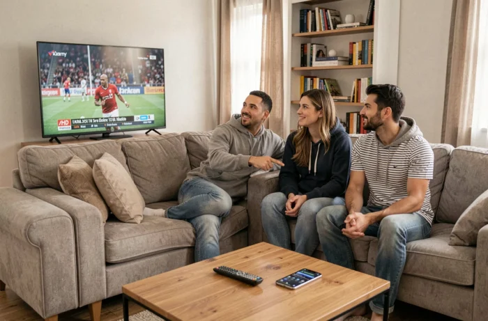 Groupe d'amis regardant ensemble les rubriques sportives à la télévision dans un salon moderne