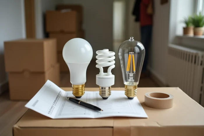 Ampoules posées sur un carton avec une liste de déménagement, gros plan réaliste