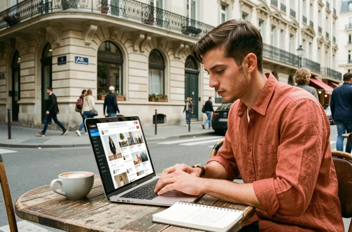 Jeune professionnel analysant une campagne d'influence marketing sur son ordinateur en terrasse de café parisien