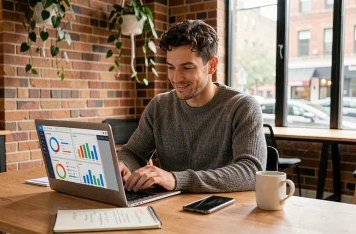 Jeune professionnel analysant des données de marketing digital sur un ordinateur portable dans un espace de coworking