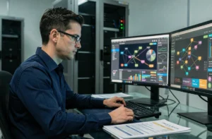 Analyste en sécurité informatique examinant un tableau de bord réseau lors d'un audit de sécurité en entreprise