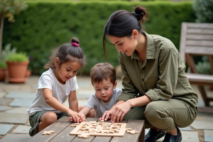 Une mère et deux enfants résolvent ensemble un puzzle tactile sur une terrasse en pierre dans un jardin familial