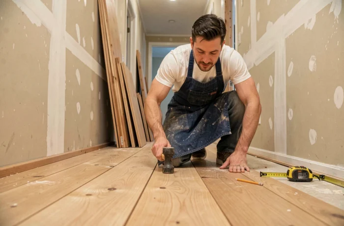 Artisan posant un parquet en bois massif dans un couloir en cours de rénovation