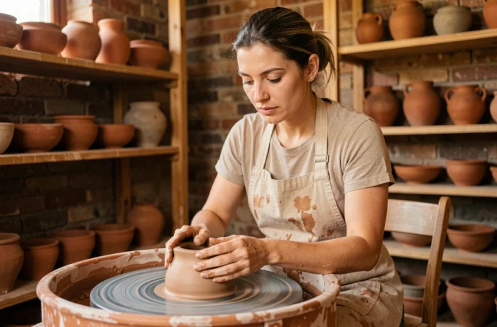 Femme en train de façonner un vase en argile sur un tour de potier dans un atelier artisanal rustique