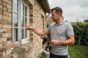 Auditeur énergétique inspectant la façade d'une maison ancienne avec une caméra thermique avant rénovation
