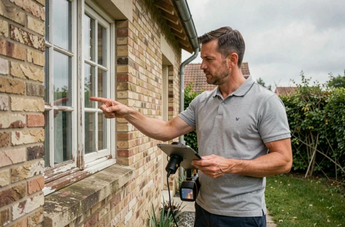Auditeur énergétique inspectant la façade d'une maison ancienne avec une caméra thermique avant rénovation