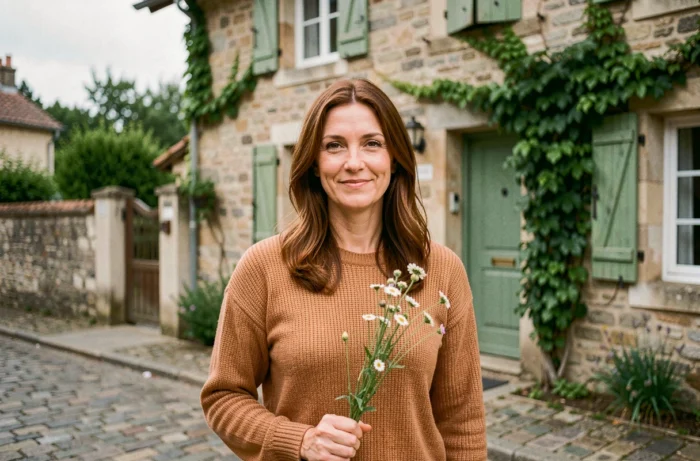 Femme aux cheveux châtains devant une maison familiale en pierre dans une ville de province française, évoquant les origines et la famille d'Aurore Malval