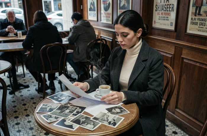 Femme consultant d'anciennes photos de famille et des documents dans un café français traditionnel, illustrant les recherches sur le parcours et les origines d'Aurore Malval