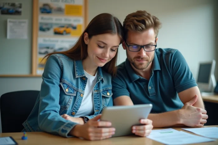 Moniteur d'auto-école et élève consultant ensemble les résultats du permis de conduire sur une tablette