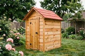 Cabane en bois pour enfants dans un jardin de maison individuelle avec toit rouge et porte en bois naturel