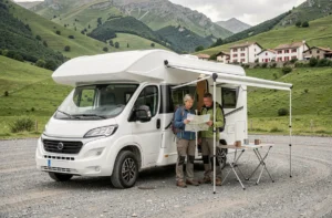 Camping-car blanc stationné sur une aire de stationnement à Dancharia avec un couple consultant une carte devant un village basque