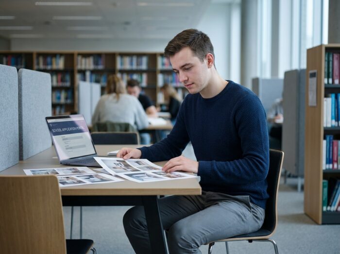 Jeune homme consultant son dossier de candidature pour une école de design dans une bibliothèque universitaire