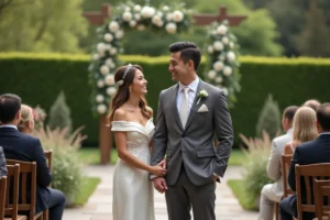 Couple de mariés souriant lors d'une cérémonie de mariage en plein air dans un jardin fleuri décoré de roses blanches