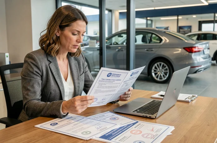 Femme consultant des certificats d'importation de voiture depuis la Norvège dans un bureau de concessionnaire automobile