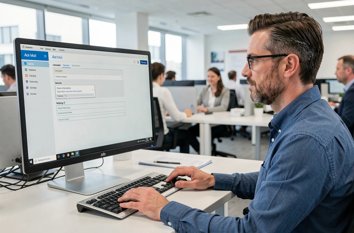 Homme en bureau professionnel changeant la langue d'AOL Mail vers le français sur un ordinateur de bureau