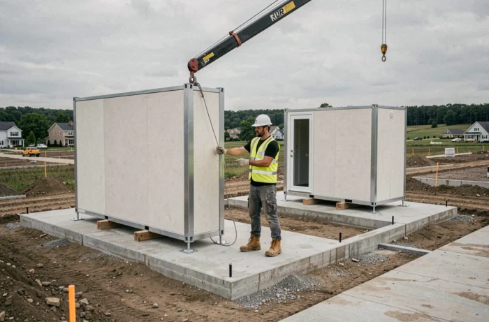 Chantier d'assemblage de modules préfabriqués sur fondation béton avec ouvrier et grue