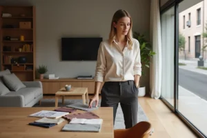 Femme choisissant des matériaux et équipements pour aménager un salon moderne et confortable