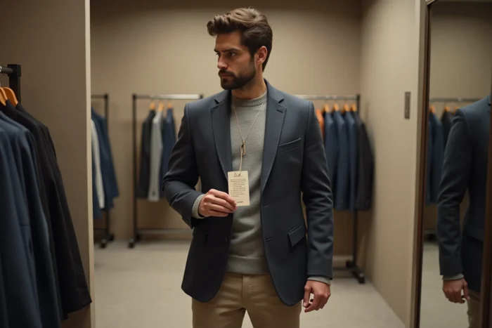 Homme comparant une veste taille S à un guide des tailles dans une boutique de vêtements
