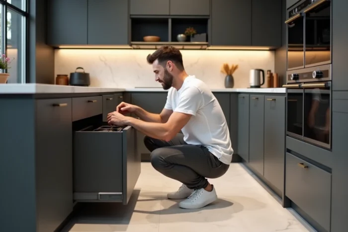 Homme inspectant des meubles de cuisine modulaires lors du choix d'équipements pour une maison moderne