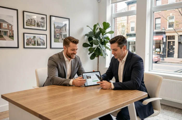 Couple de clients consultant des annonces immobilières dans une agence moderne de type CatherineImmo