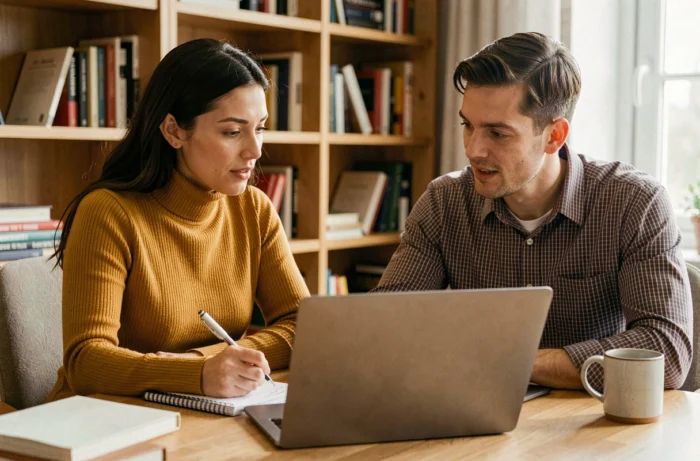 Deux entrepreneurs collaborant sur un plan de site web affiché sur un ordinateur portable dans un bureau à domicile