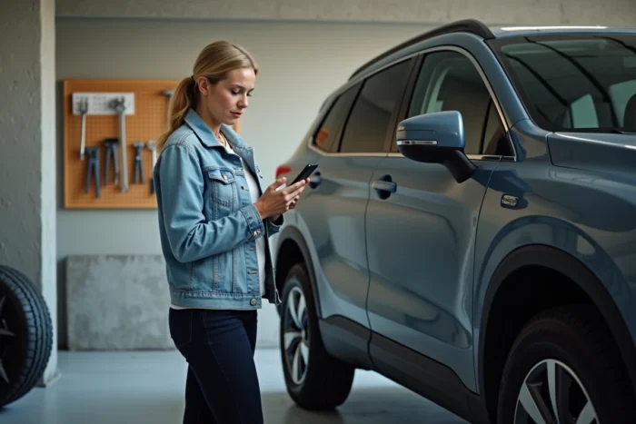 Une femme compare des pneus sur son smartphone dans un garage avec un SUV et une roue démontée