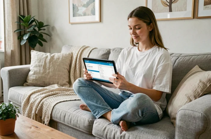 Jeune femme comparant Google One et Google Drive sur une tablette dans un salon