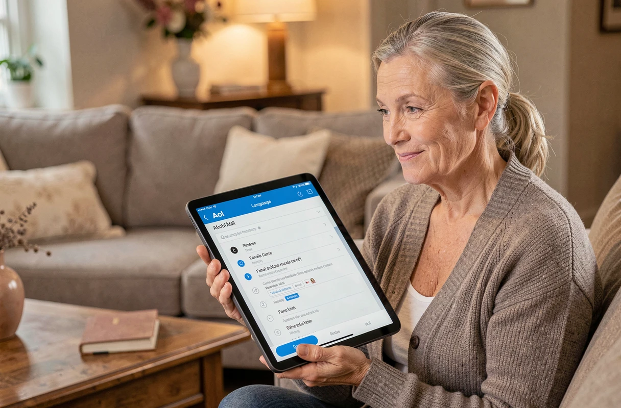 Femme âgée configurant la langue française dans AOL Mail sur une tablette dans un salon confortable