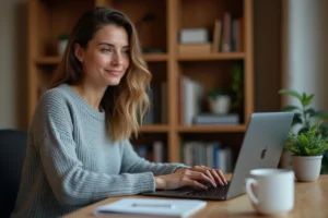 Femme connectée à son espace client sur un ordinateur portable dans un bureau à domicile