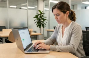 Femme au bureau tentant de se connecter à un portail en ligne sur son ordinateur portable