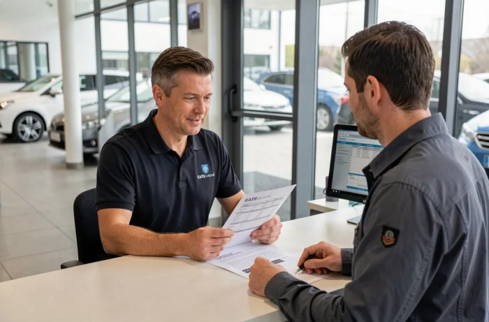 Conseiller après-vente expliquant le coût d'entretien de la boîte EAT8 à un client dans un concessionnel automobile