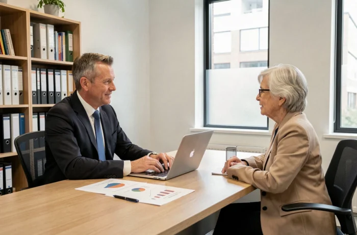 Conseiller financier et retraitée discutant des solutions face à la réduction des pensions de retraite