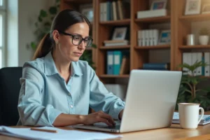 Une femme d'une quarantaine d'années consulte un arrêté municipal sur son ordinateur portable depuis son bureau à domicile