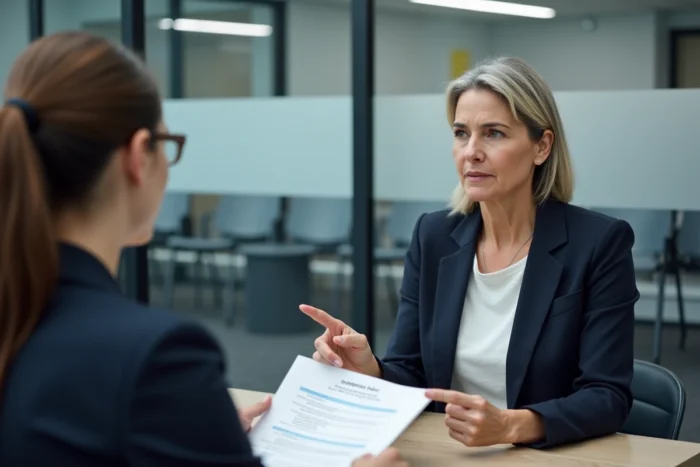 Une femme consulte un arrêté municipal imprimé avec un agent administratif au guichet d'une mairie