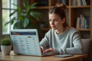 Femme consultant ses relevés de compte Crédit Agricole en ligne sur un ordinateur portable depuis son bureau à domicile