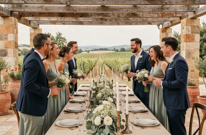 Cortège de mariage autour d'une longue table décorée de fleurs sauvages sur une terrasse provençale