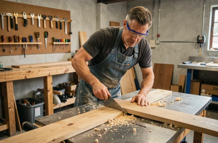 Charpentier effectuant une coupe longitudinale sur une planche de bois dans un atelier de menuiserie professionnel